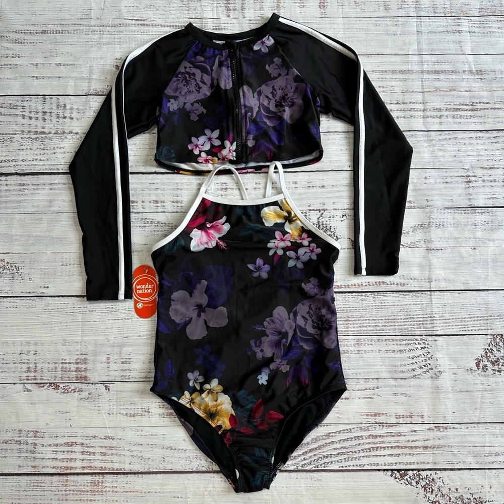NWT Girls Floral Rashguard and Swimsuit  Set- Size L (10-12)